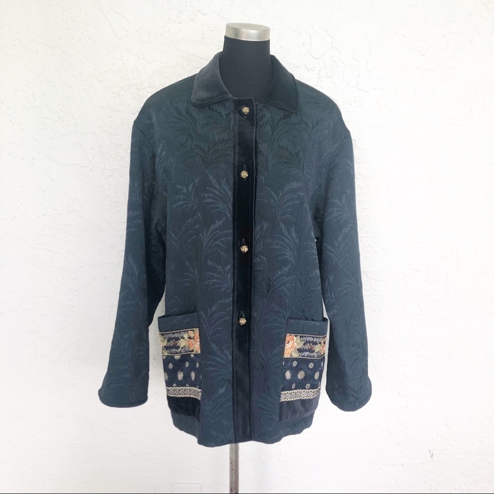 French Jacquard Jacket Tapestry Patch Pockets Button Front Textured Coat Womens